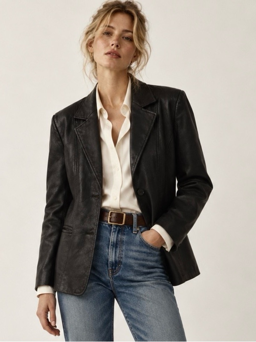 Vintage George Genuine Leather Black Blazer Tailored Jacket XL 16W Y2K